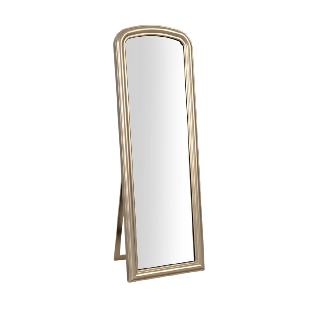 Elegant Freestanding Mirror with Gold Frame and Arched Top