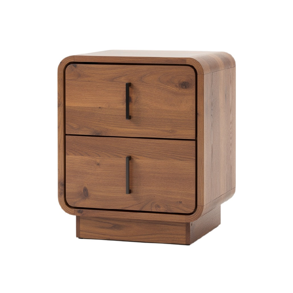 Contemporary Wooden Nightstand with Two Drawers and Metal Handles